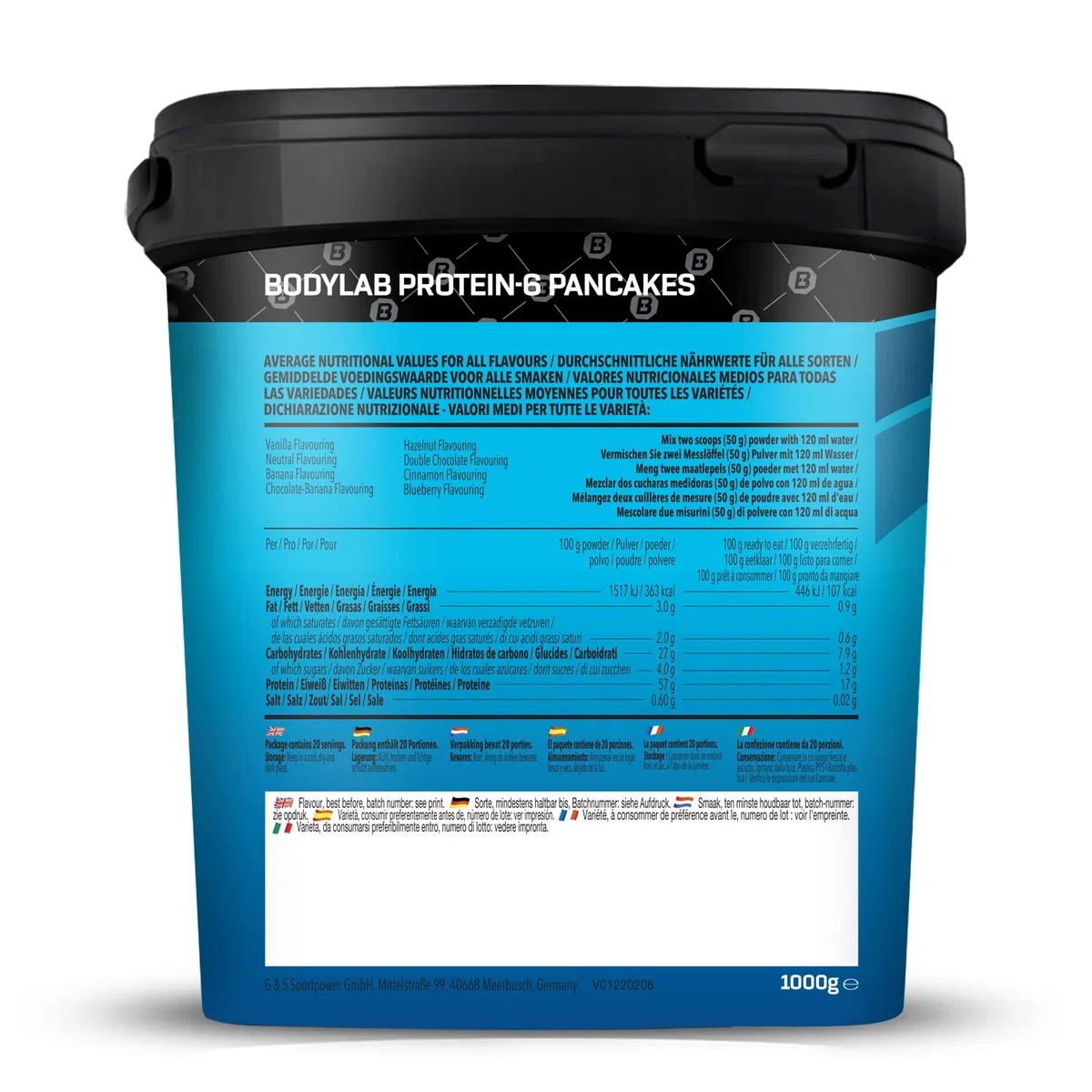 Bodylab24 Mix per pancake proteici Protein-6 Pancake Cannella 1kg, polvere per pancake con quasi il 60% di proteine, polvere proteica multicomponente