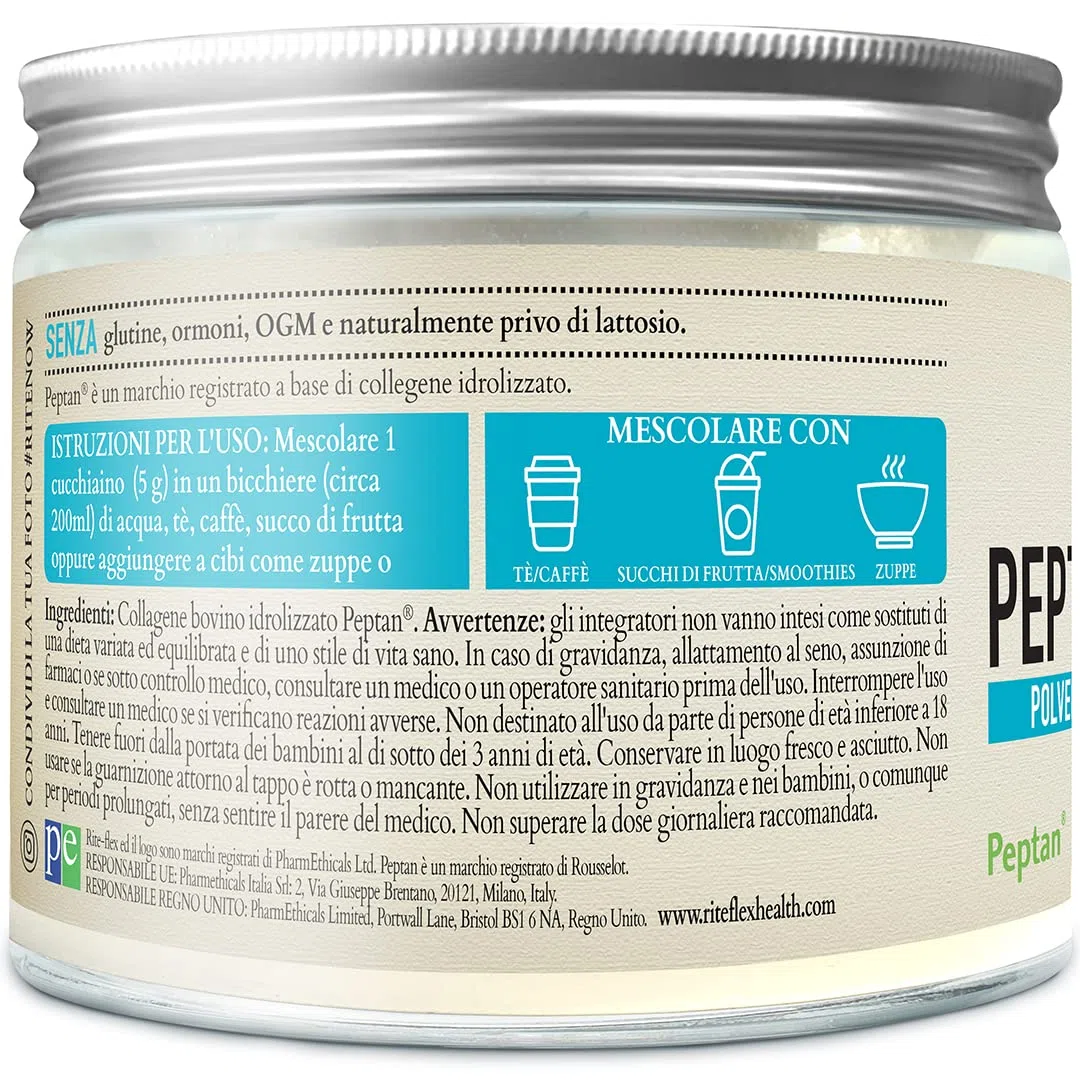 Rite-Flex, Peptidi di Collagene confezione da 250 g con Peptan, Polvere di Collagene Idrolizzato, 5g (5000 Mg) di Collagene per porzione