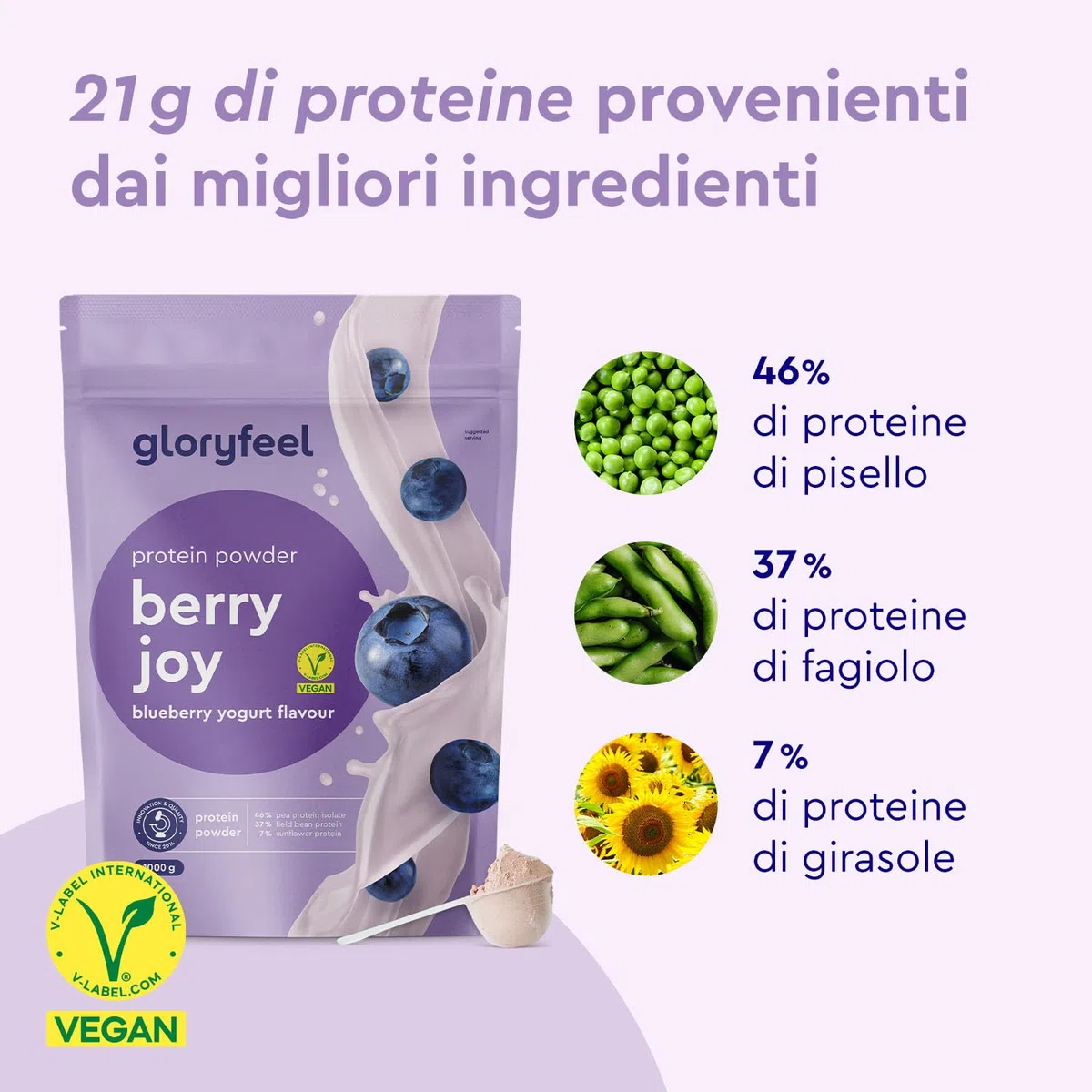 Proteine Vegane in Polvere Gusto Mirtillo - 1kg Proteine Vegetali - 33 Porzioni da 21g di Proteine - senza Soia - da Proteine in Polvere di Pisello, Fava e Girasole - 100% vegan e senza Glutine