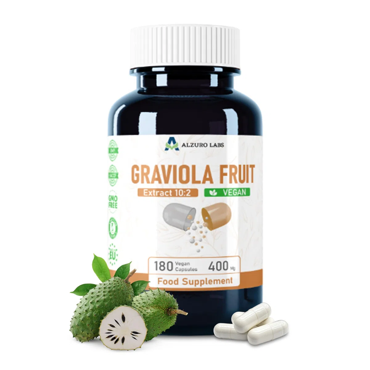 Graviola (Soursop) | 4.000 mg Equivalente | estratto di frutto 10:1 400 mg | 180 Capsule Vegane | Annona muricata | GMP & Testato da Laboratorio Indipendente