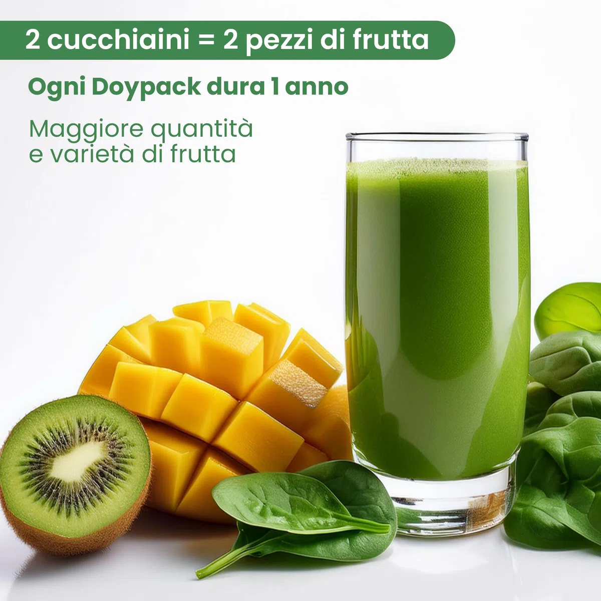 GREENORA Polvere di Spirulina, Spinaci, Zenzero, Cavolo Riccio, Mango e Kiwi per Smoothie. Frutta e Verdura Liofilizzata 100% Naturale. Vegan. 100g
