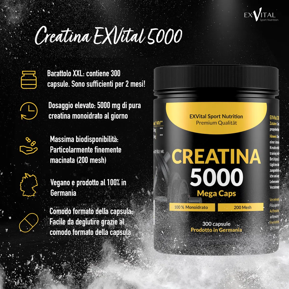 Creatina 5000 Mega Caps, stimolante per l'allenamento, 5000 mg di creatina monoidrato per dose giornaliera, 300 capsule, preworkout, Vegano