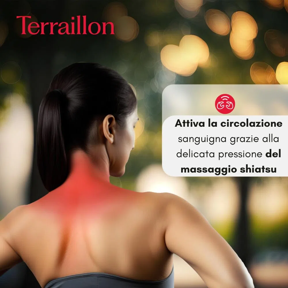 TERRAILLON - NECK MASSAGER, Cuscino massaggio collo e cervicale, rilassante, riduzione della tensione, anti-stress, 3 velocità di massaggio, 2 direzione di rotazione, opzione riscaldante, cinghia