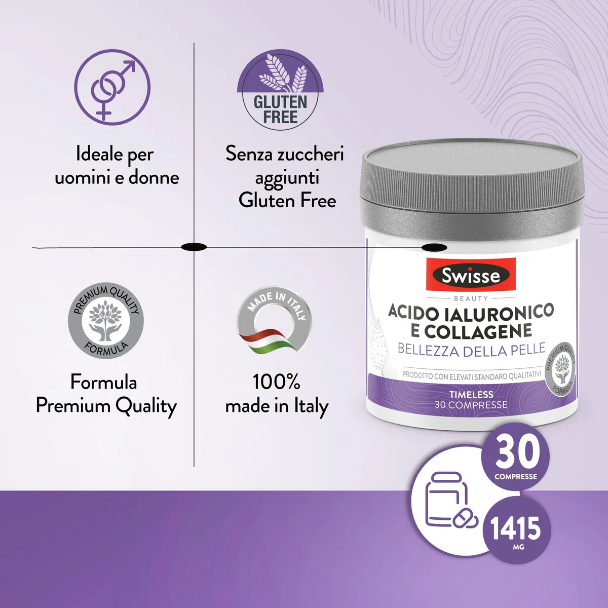 SWISSE Collagene e Acido Ialuronico - Collagene Integratore Donna Uomo con Vitamina C, E, Rame Protegge dallo Stress Ossidativo per Pelle Elastica, Integratori Attenua Rughe 30 Compresse Made in Italy