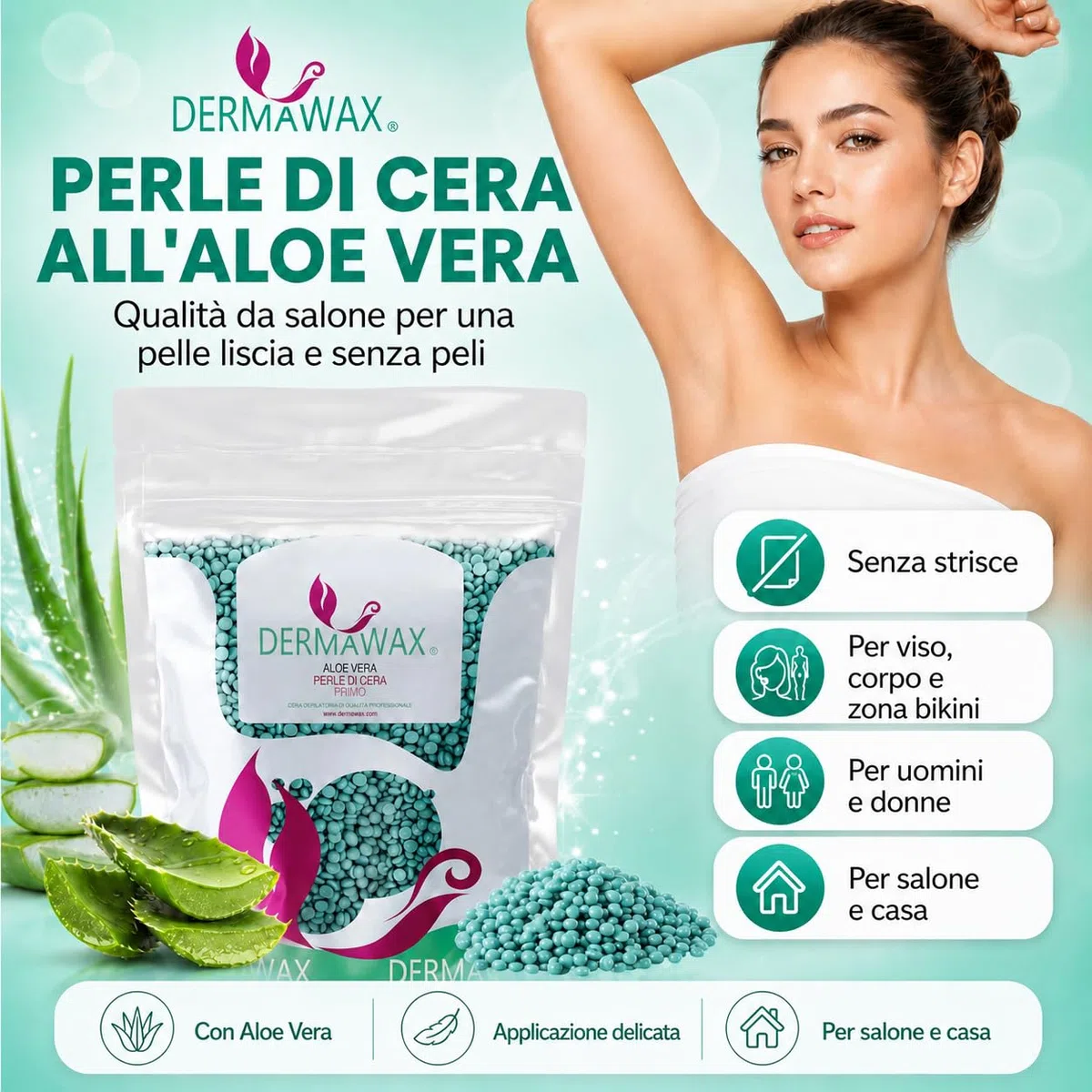Dermawax Perle di Cera Aloe Vera 1 kg – Cera a Caldo Senza Strisce per Pelle Sensibile – Epilazione Professionale per Bikini, Viso e Corpo – Made in Italy