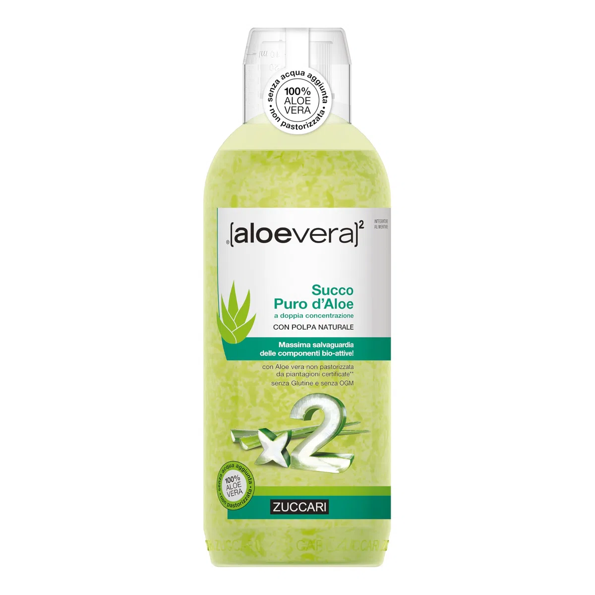 Zuccari ALOEVERA² Succo Puro d'Aloe, Bottiglia da 1000ml, Aloe Vera a Doppia Concentrazione, Non Pastorizzata, Supporto per la Depurazione e il Benessere Gastrointestinale