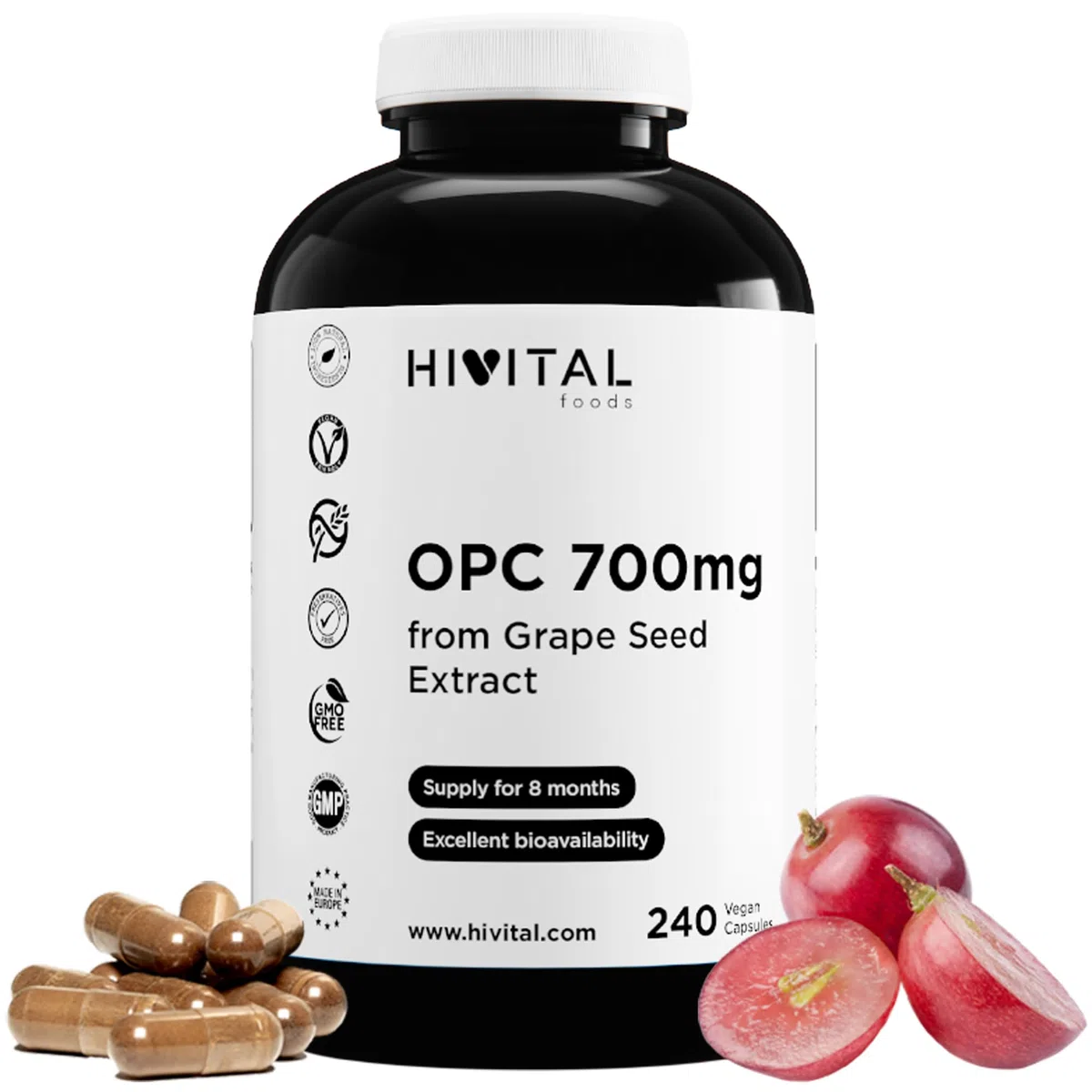OPC Estratto di Semi d'UVA 700 mg. 240 capsule vegane per 8 mesi di trattamento. Estratto di Semi d'UVA 99% OPC. Prodotto in Europa da HIVITAL