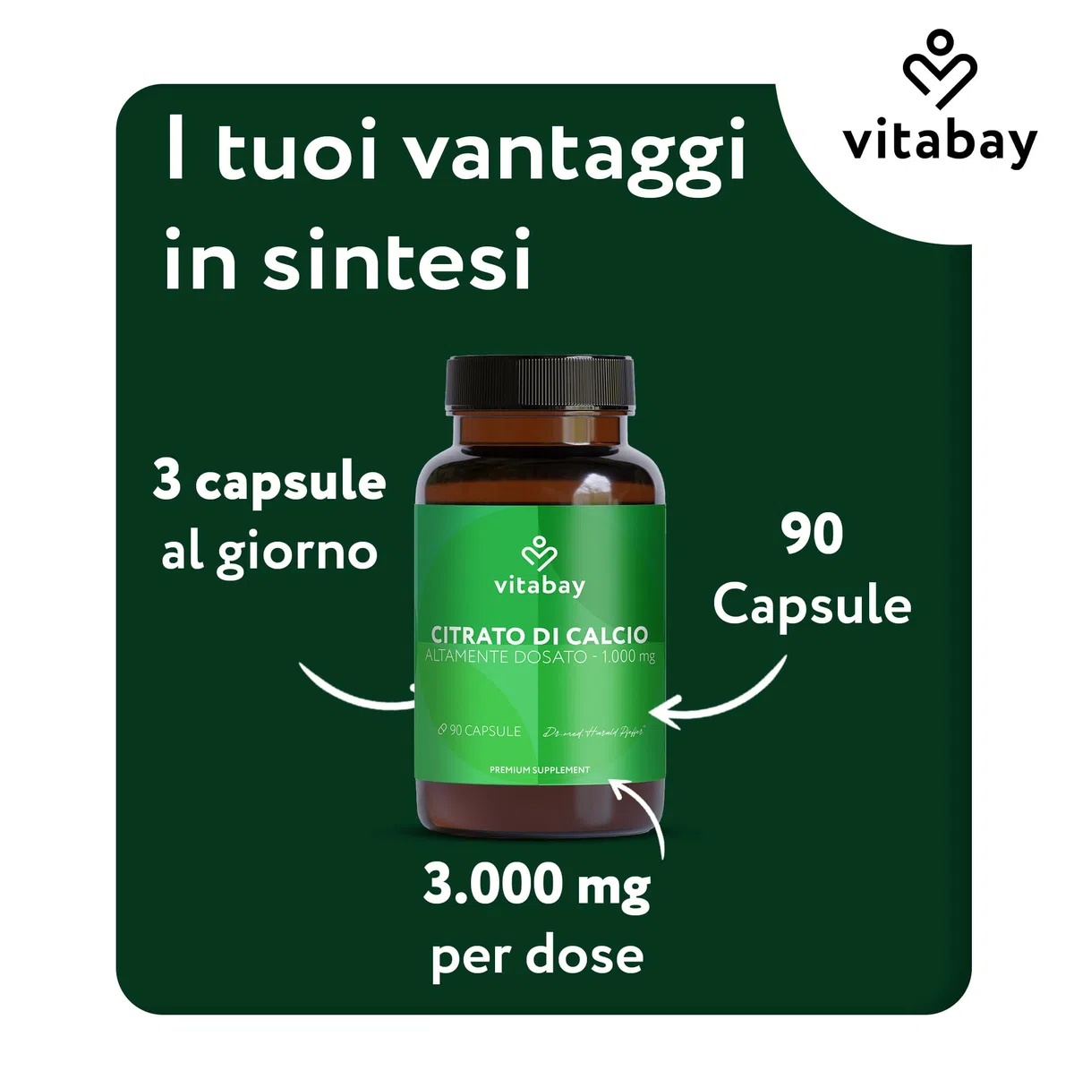 Vitabay Calcio 1000 mg - 90 capsule vegane con citrato di calcio - calcio per metabolismo energetico, ossa e denti - testato in laboratorio in Germania - senza additivi - 1 mese