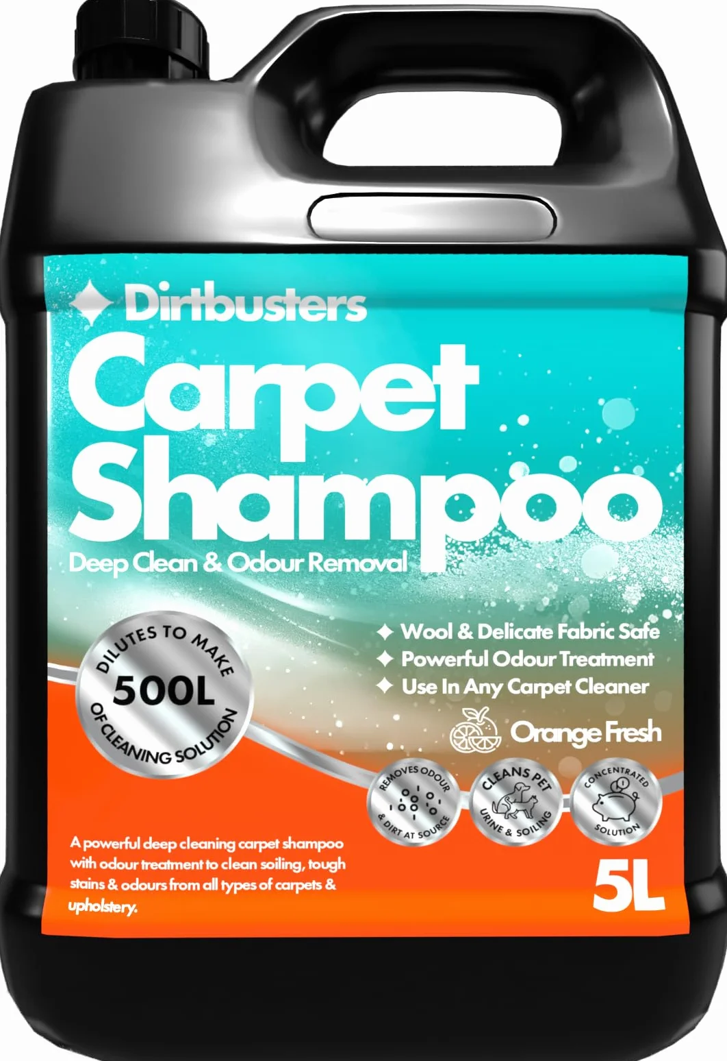 Dirtbusters, Clean and Deodorise prodotto professionale concentrato 3 in 1 per la pulizia di moquette e tappezzeria, 1 x 5 litri di fresca fragranza di arancia