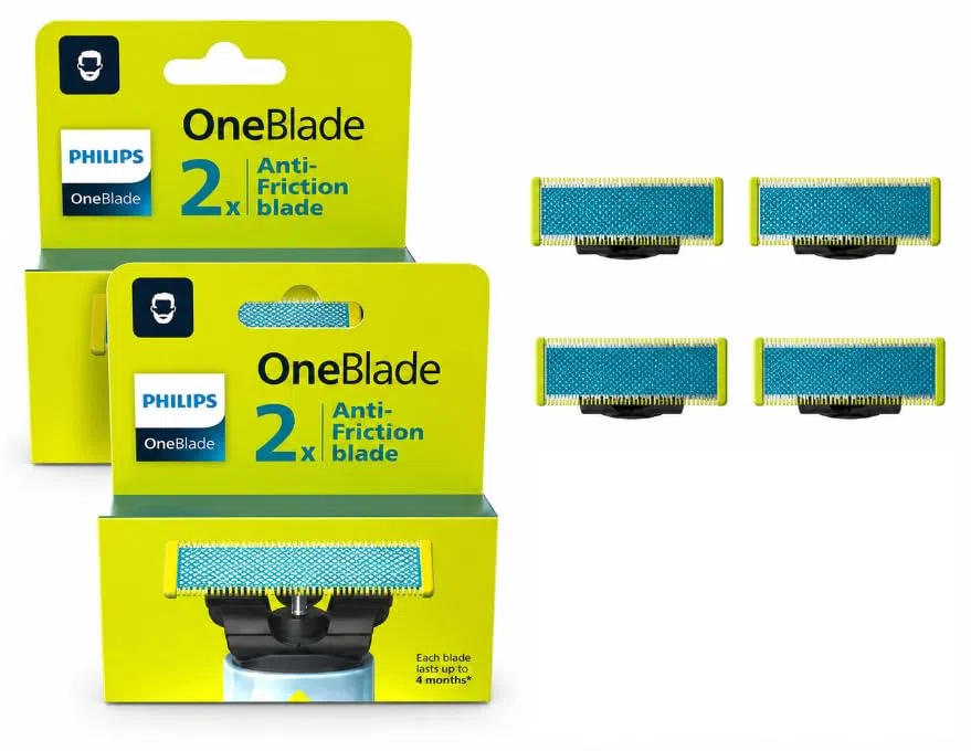 Philips OneBlade - Lame di ricambio anti-attrito 4 lame (2 x 2), compatibili con rasoio elettrico da uomo, viso e corpo, tecnologia anti-irritazione, fino a 16 mesi, modello QP225/5