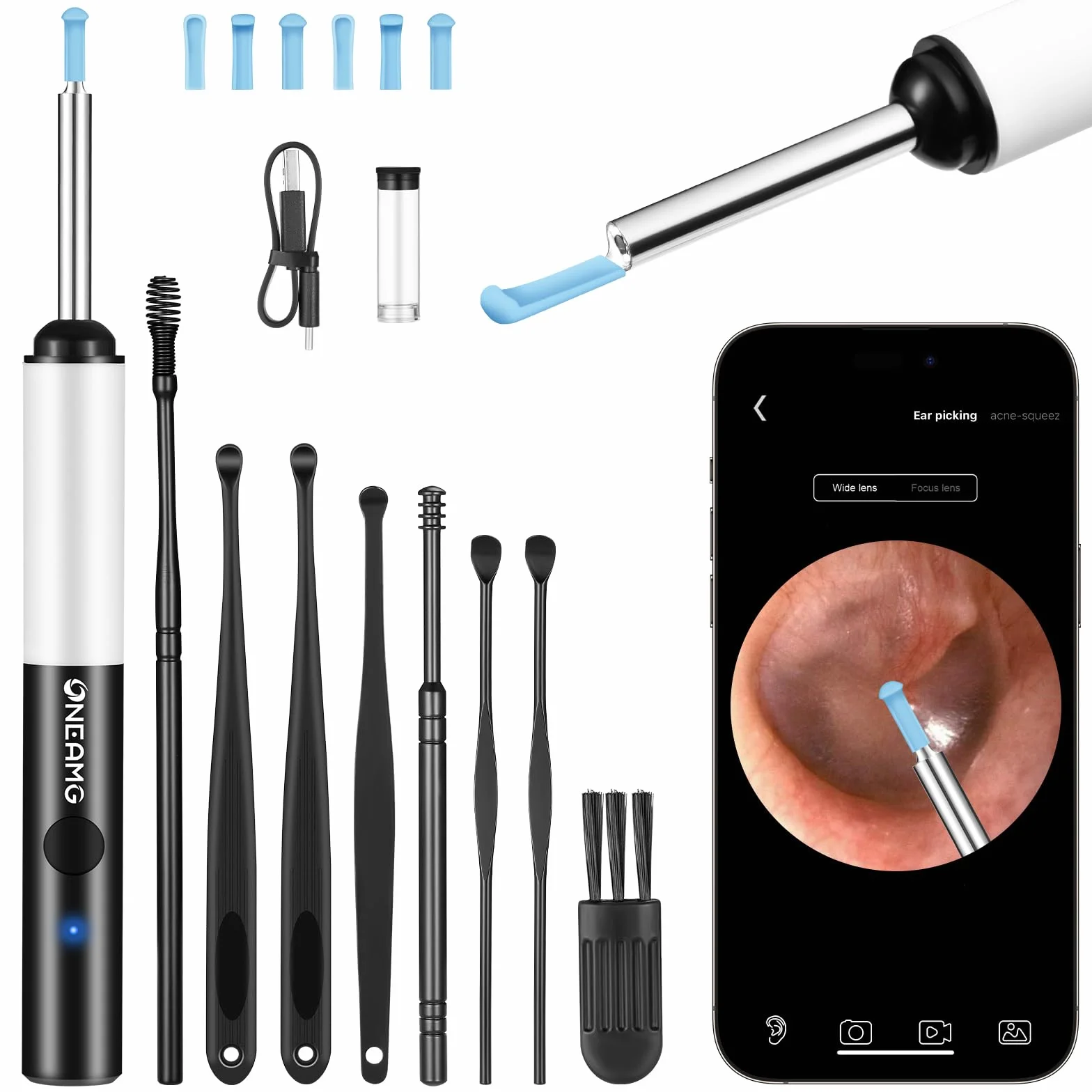 Otoscopio 1920P HD Pulizia Orecchie kit con Telecamera Endoscopio per l'orecchio WiFi Senza Fili Controllo APP 6 Luci LED Impermeabile IP67 Pulisci Orecchie per Smartphone iPhone iPad e Android