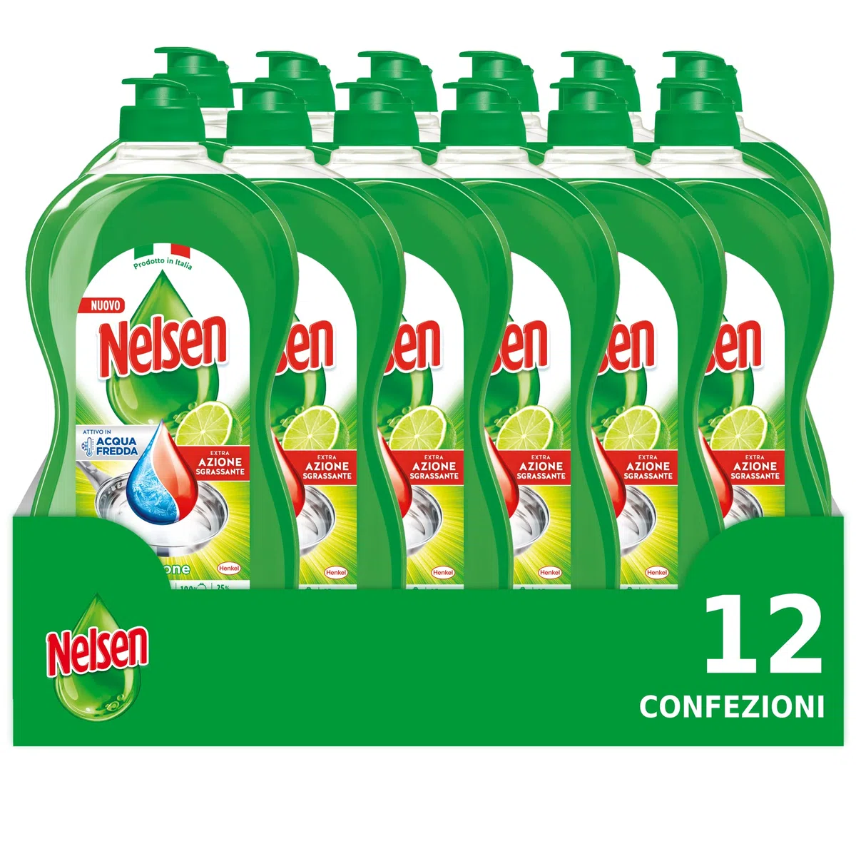 Nelsen Classico Limone, Detersivo per Piatti a mano, sgrassa a fondo con Azione Rinfrescante sulle Stoviglie, confezione risparmio da 12 flaconi da 850 ml