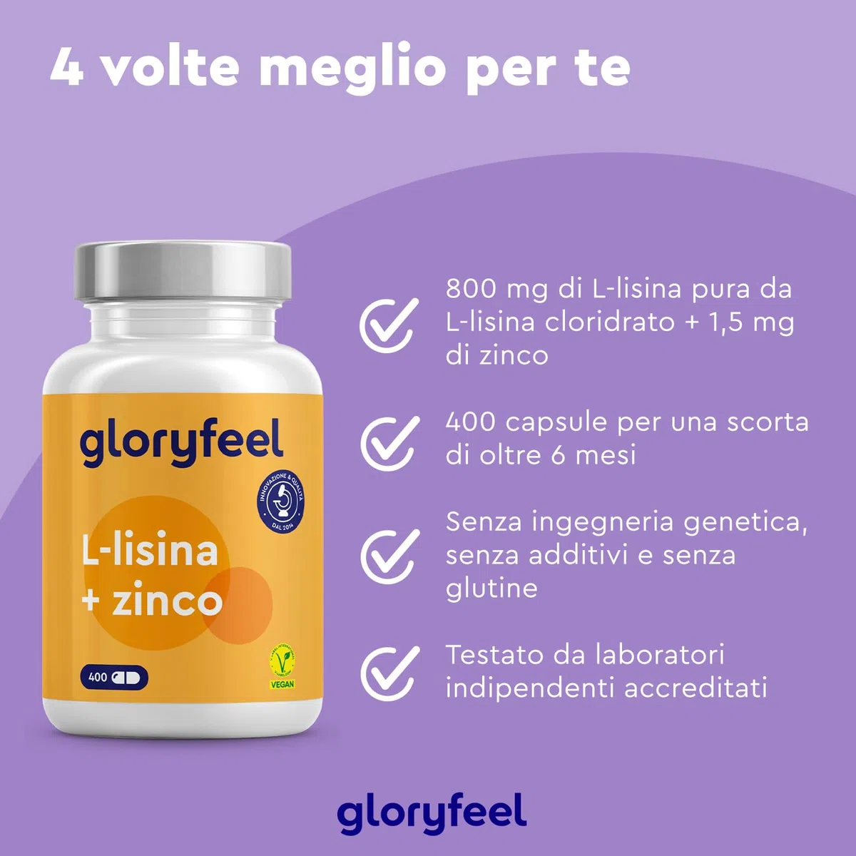 L-Lisina, 400 Capsule, 1.000 mg di L-lisina + Zinco 1,5 mg per Dose Giornaliera, da Fermentazione Vegetale, Vegana, ad Alto Dosaggio, Senza Additivi, Prodotta e Testata in Laboratorio in Germania