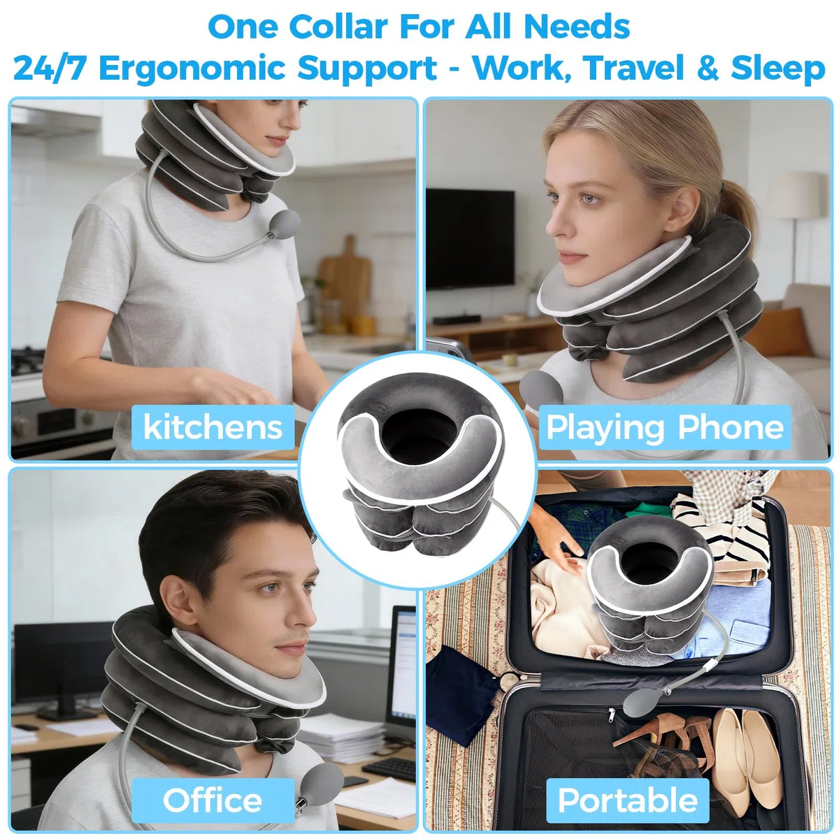 Gonfiabile per la trazione cervicale con design di allungamento a 3 strati e supporto per il mento, Estensore per il Collo Regolabile per Alleviare il Dolore