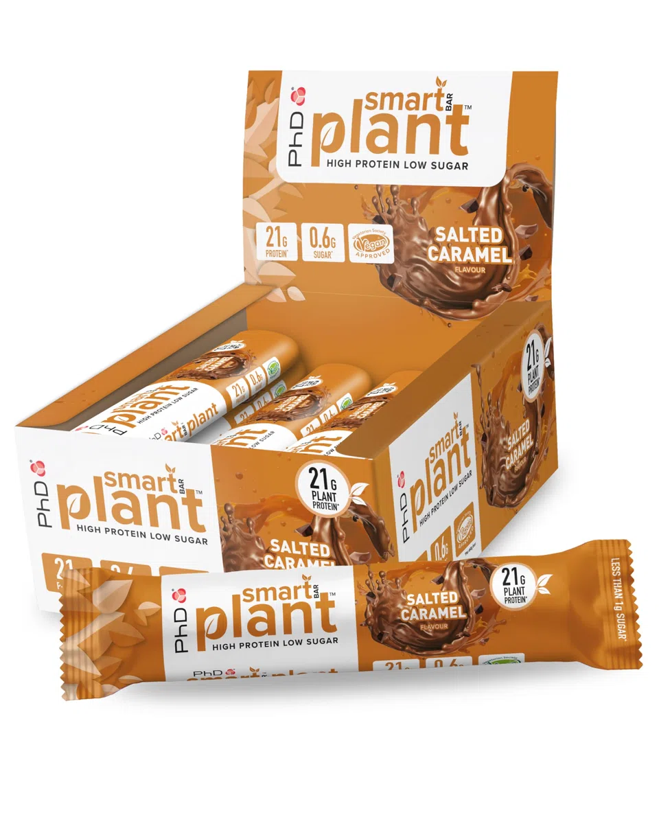 PhD Nutrition Smart Bar Barretta proteica vegana 12x64g Caramello salato - Protein Bar con 21g di proteine e poco zucchero, Adatta per una dieta macro