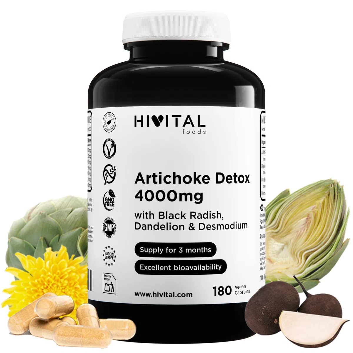 Carciofo Detox 4000 mg. 180 capsule vegane per 3 mesi di trattamento. Con Carciofo, Ravanello Nero, Tarassaco e Desmodium. Prodotto in Europa da HIVITAL