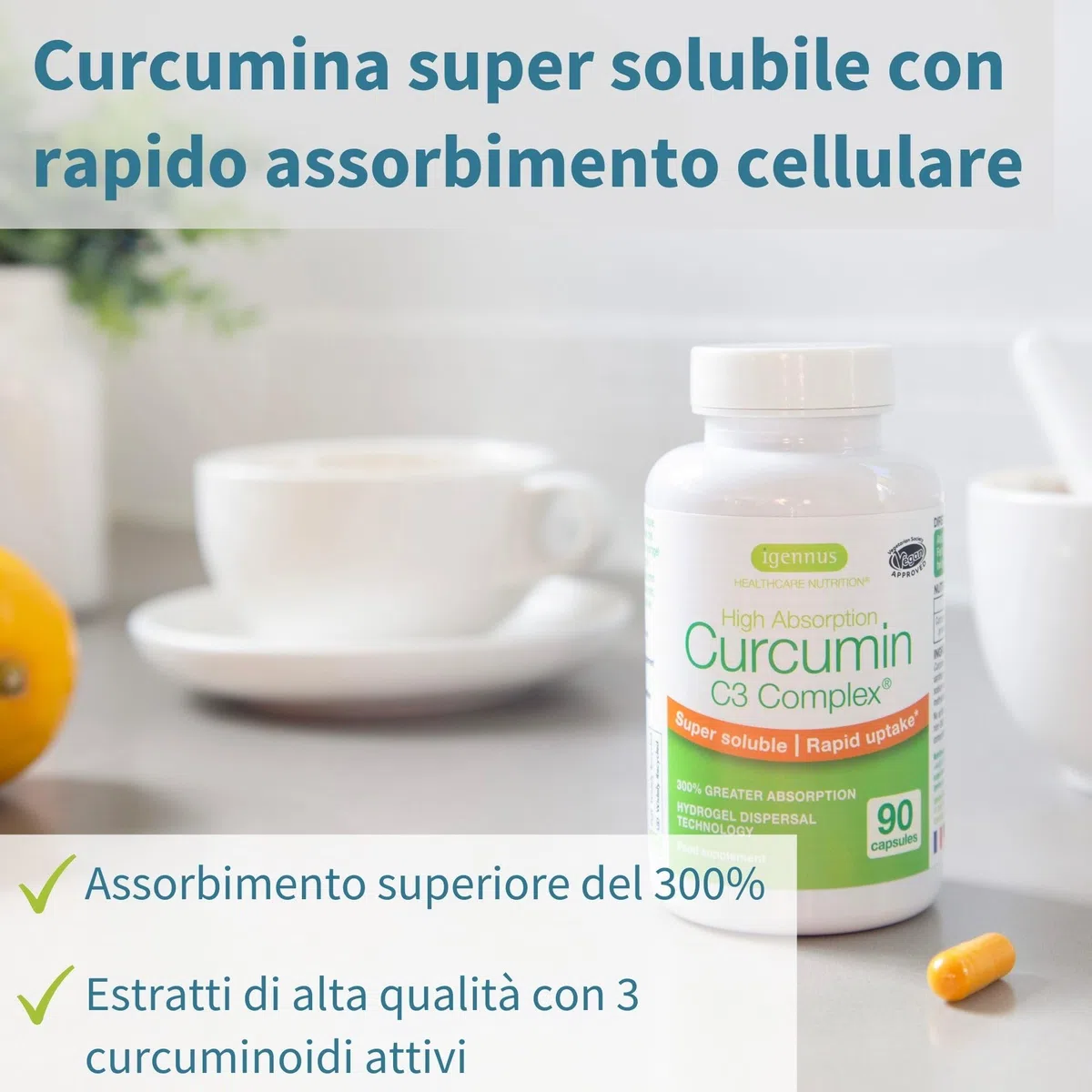 Igennus Curcumin C3 Complex Ultra Solubile, Senza Pepe Nero, Assorbimento Rapido e Superiore +300% rispetto alla Curcumina Classica, Estratto Standardizzato al 95%, 90 Capsule Vegane, 1 al giorno