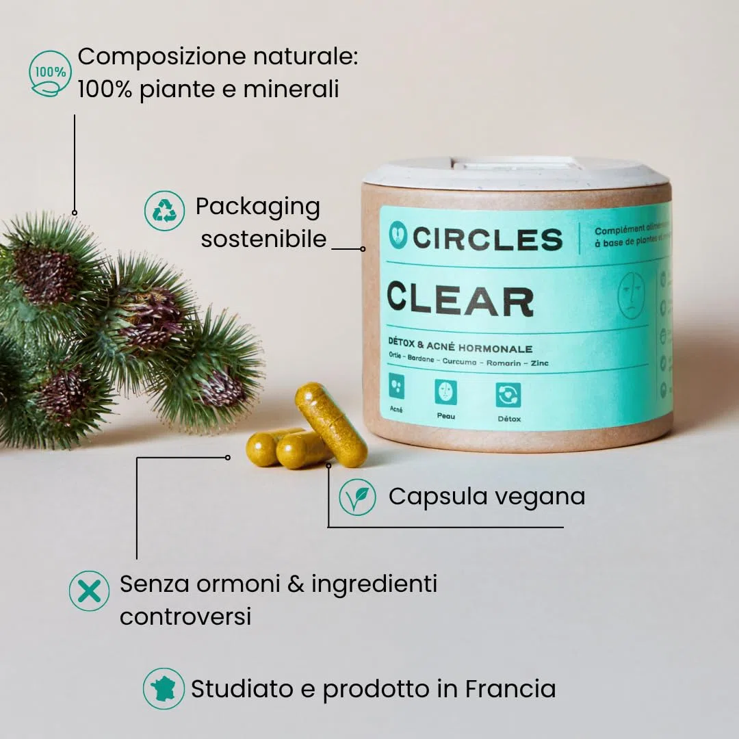 Circles CLEAR Integratore Donna Acne Ormonale - Zinco + Bardana Ortica Curcuma Rosmarino - Equilibrio Ormonale Post-Pillola Ciclo - Pelle Impura Imperfezioni - 60 Capsule Vegan Senza Glutine (1)