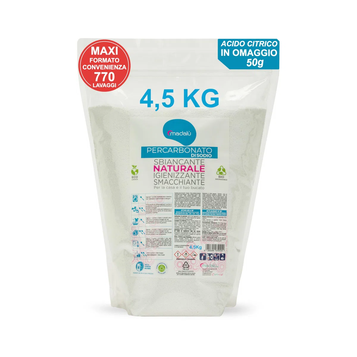 Percarbonato di Sodio per Bucato Puro (4,5 Kg, 770 Lavaggi) Smacchiatore Bucato Azione Sbiancante Igienizzante Naturale, Antimuffa, Professionale Busta Richiudibile - IN OMAGGIO 50gr di Acido Citrico