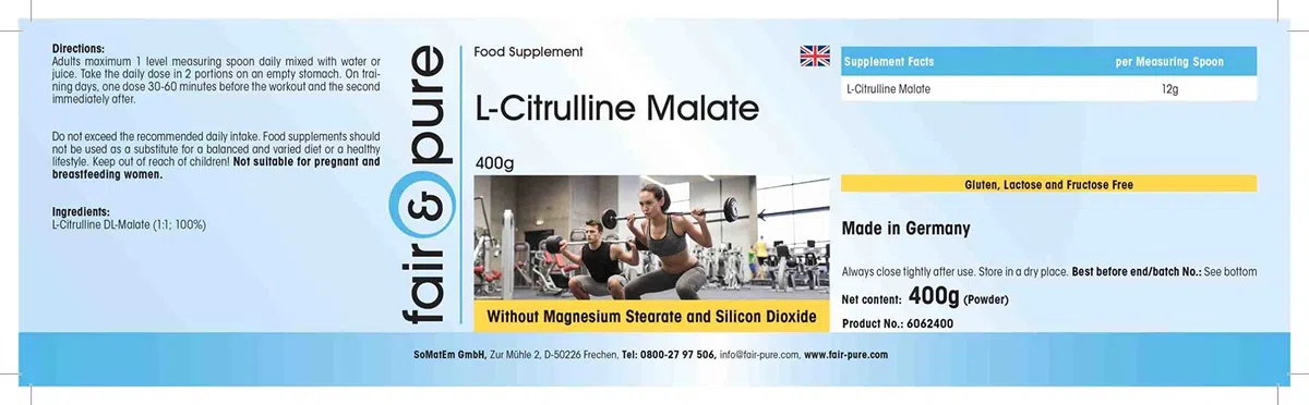 Fair & Pure® - L-Citrullina in polvere - Malato - Sostanza pura - Senza additivi - Senza zuccheri aggiunti - Neutra - 400g