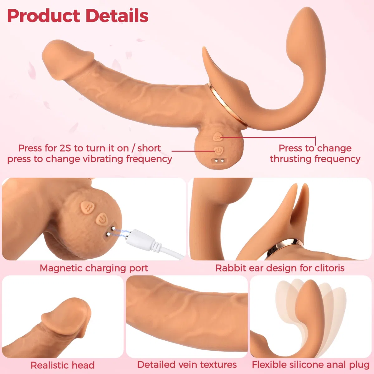 Strapon Doppio Dildo Realistico, Dildo doppi Con Cintura Per Donne 9 Modalità Di Vibrazione E Spinta G Spot Anal Stimulator Silicone Dildos Sex Toy Per Uomini E Coppie (Telescopico)