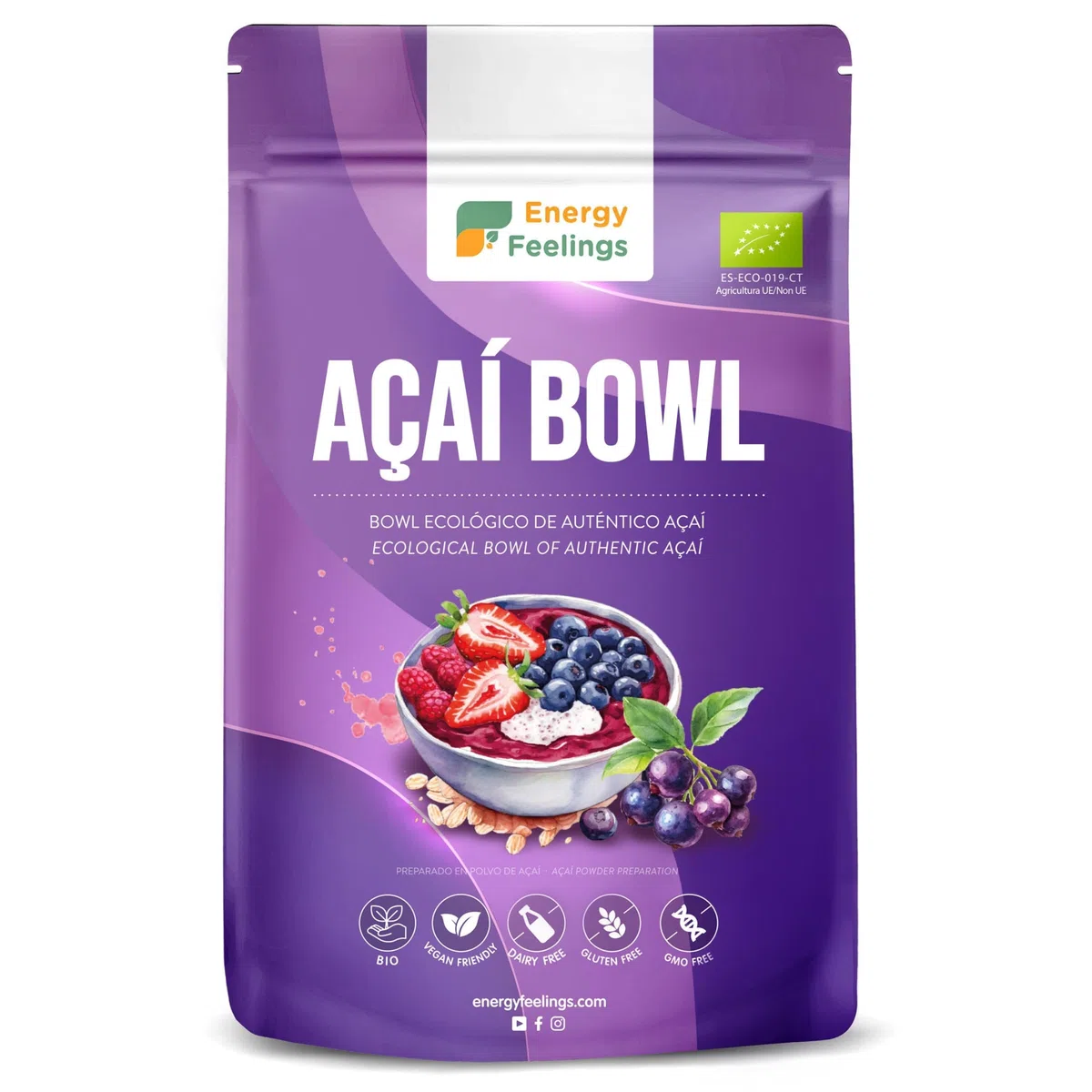 Energy Feelings Preparato per Acai Bowl Bio. Con Bacche di Acai in Polvere, Avena, Cocco... Frutta Liofilizzata Senza Zucchero Aggiunto con proprietà Antiossidanti. 500 G