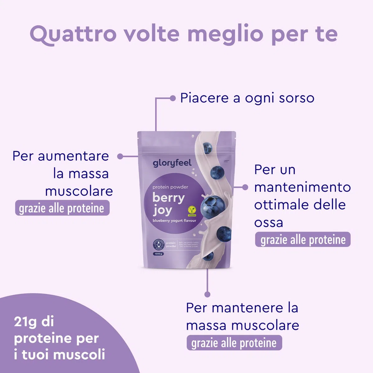 Proteine Vegane in Polvere Gusto Mirtillo - 1kg Proteine Vegetali - 33 Porzioni da 21g di Proteine - senza Soia - da Proteine in Polvere di Pisello, Fava e Girasole - 100% vegan e senza Glutine