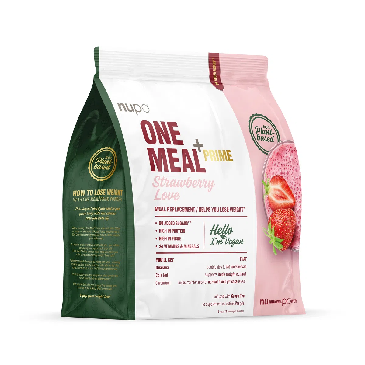NUPO One Meal +Prime Vegan – Fragola I Gustosi frullati sostitutivi del pasto per una dieta equilibrata I Alto contenuto di proteine I Senza zuccheri aggiunti I 24 Vitamine e minerali I 360g