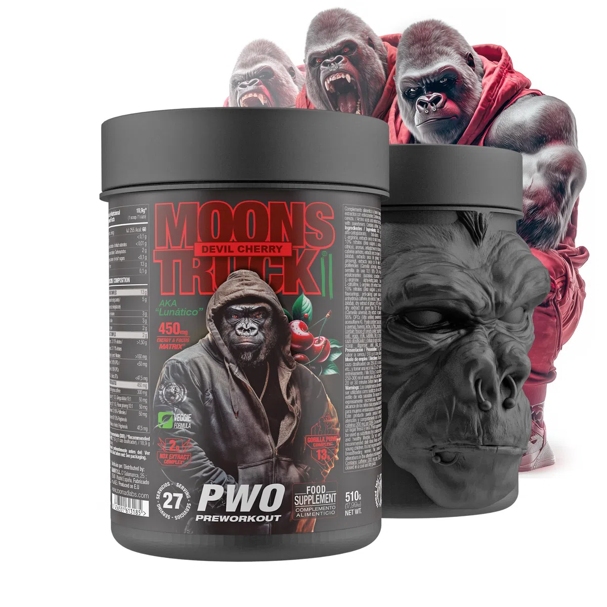 Zoomad Labs Moonstruck II Pre Workout 510 g — Pre Workout Potente Citrullina Beta Alanina AAKG · Gorilla Pump 13 g · Nitrati Barbabietola · 299 mg Caffeina · 27 Porzioni