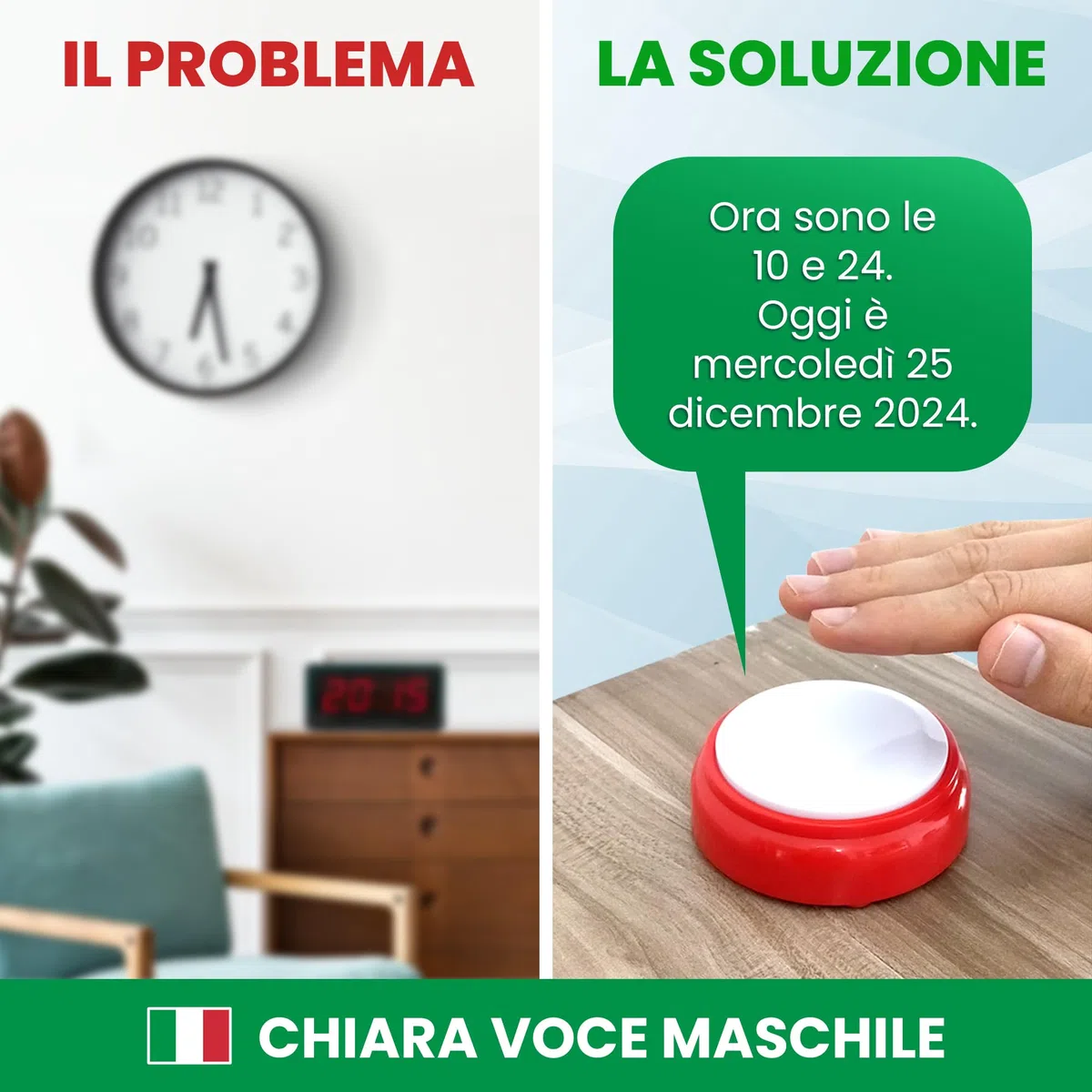 Orologio parlante Voce Italiana per Anziani, Malati di Alzheimer, Ipovedenti o Non vedenti - Idea Regalo per Nonni e Genitori - Sveglia Senior