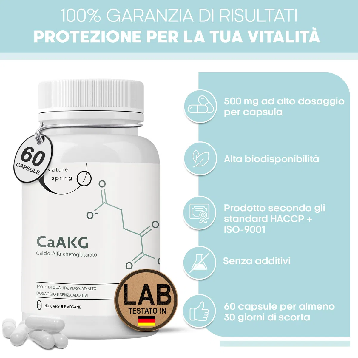 CaAKG | Calcio Alfa-chetoglutarato | 60 capsule | alta dose | 1000 mg | CaAKG di alta qualità senza additivi