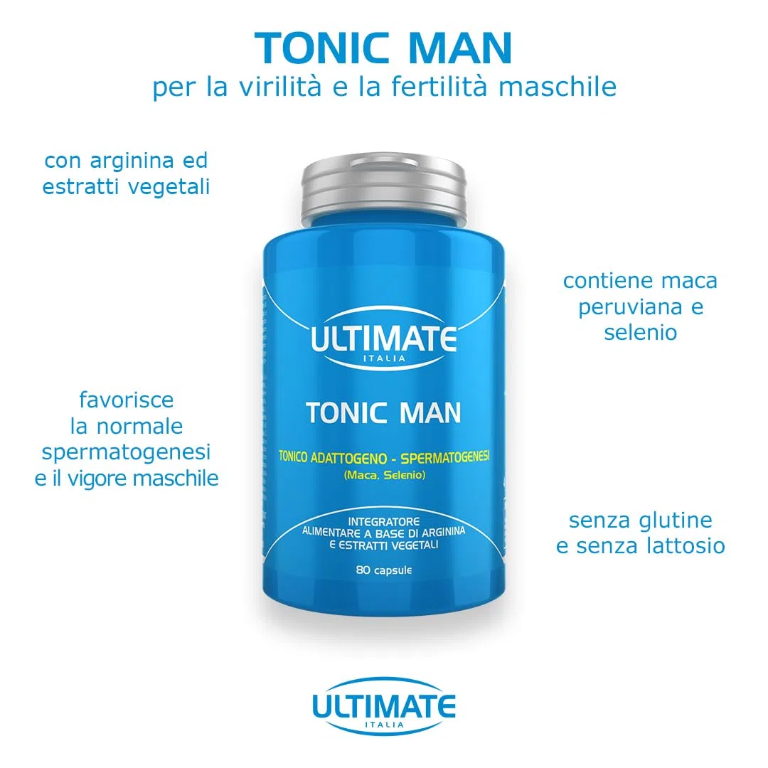 Ultimate Italia - Tonic Man integratore con arginina, maca e selenio per la virilità e la fertilità maschile - 80 compresse - favorisce la spermatogenesi, senza glutine e lattosio