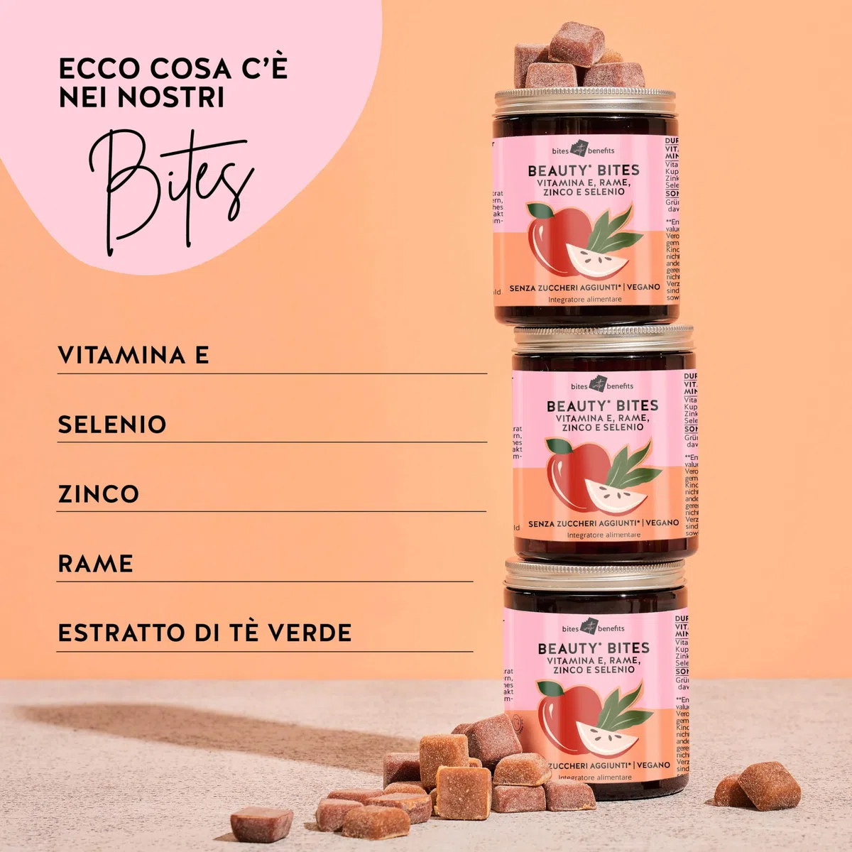 Beauty Bites - Rinforzo dei capelli e ringiovanimento della pelle - Vitamina E, selenio, zinco, rame & estratto di tè verde - Senza zucchero e dolcificanti - 45 pezzi - Vegan - Bears with Benefits