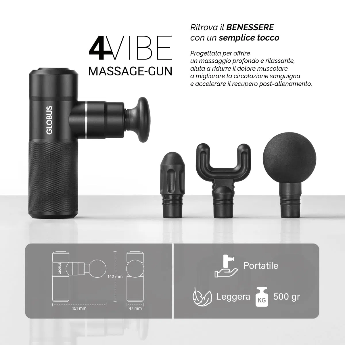 GLOBUS | 4 Vibe Massage Gun, Pistola Massaggio Muscolare a 4 Velocità, Ideale per Rilassamento e Recupero Post Attività Fisica