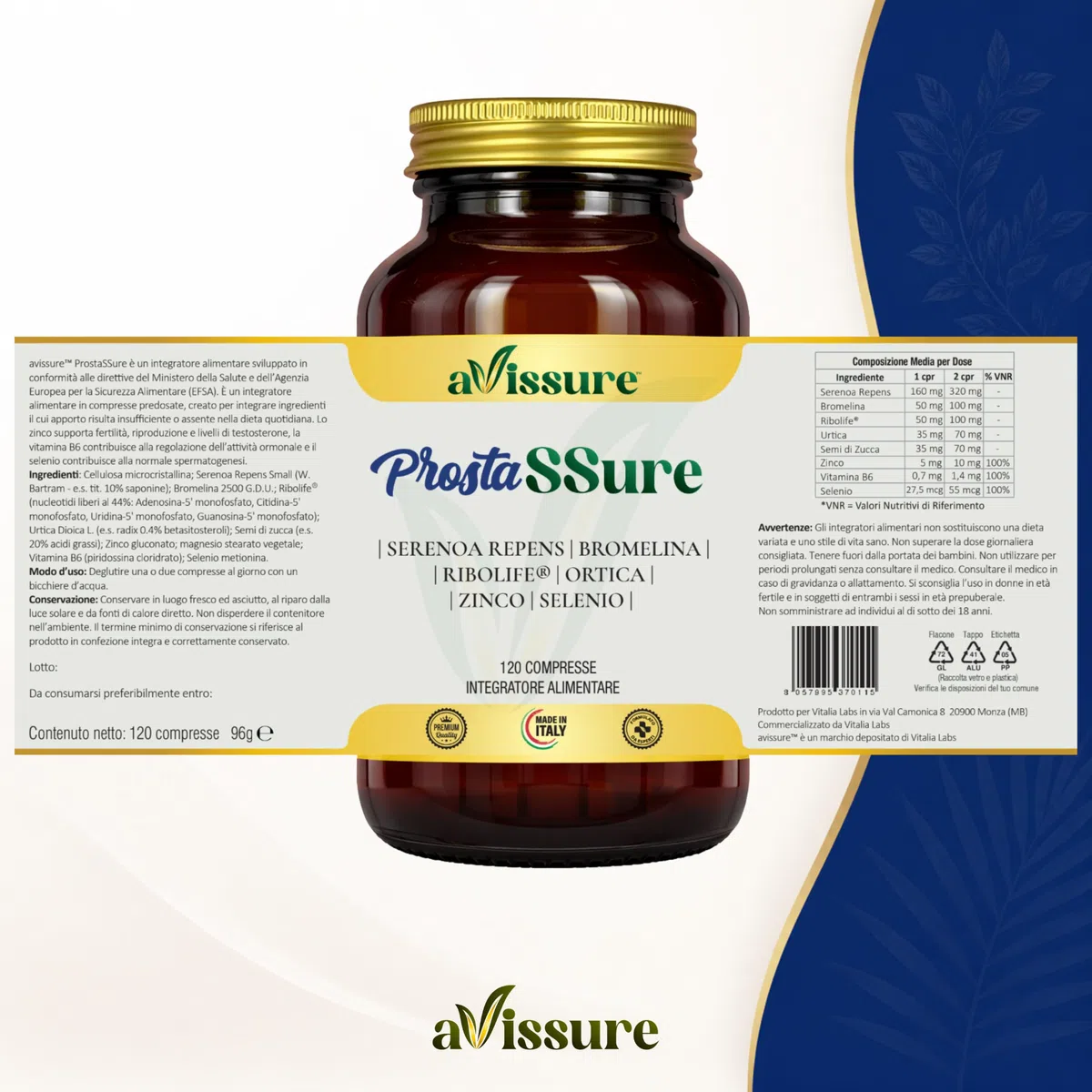 Serenoa Repens 320 mg ProstaSSure, 120 Compresse Fino a 4 Mesi, Formula con Estratto di Serenoa Repens, Ribolife, Bromelina 2500 GDU, Ortica, Vitamina B6, Zinco e Selenio, Senza Glutine, OGM, avissure