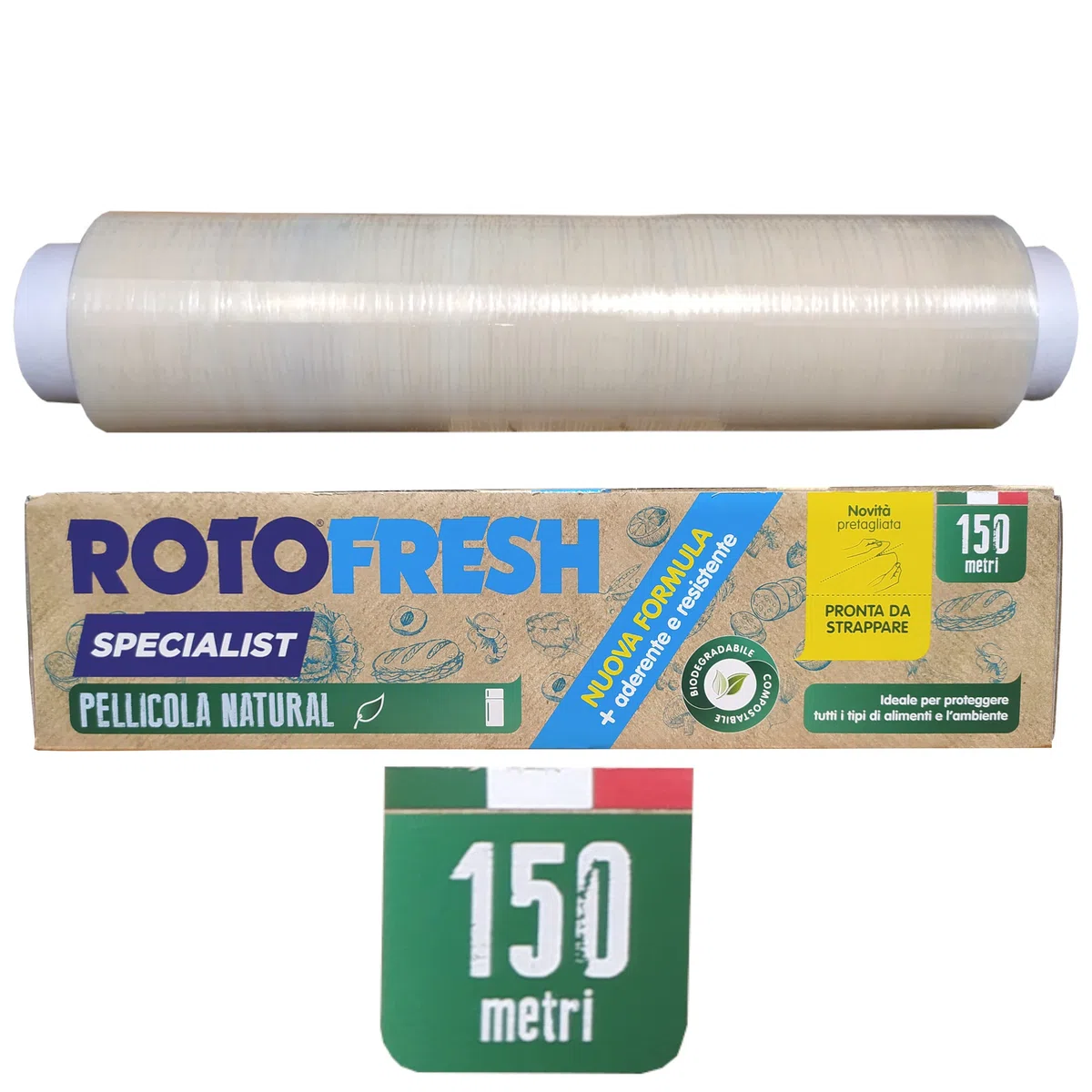 Ekoe, Pellicola Alimenti Biodegradabile, 100% Italiana, 150 Metri, Film Trasparente Cucina, Compostabile, Resistente, Vegano, per la Cucina