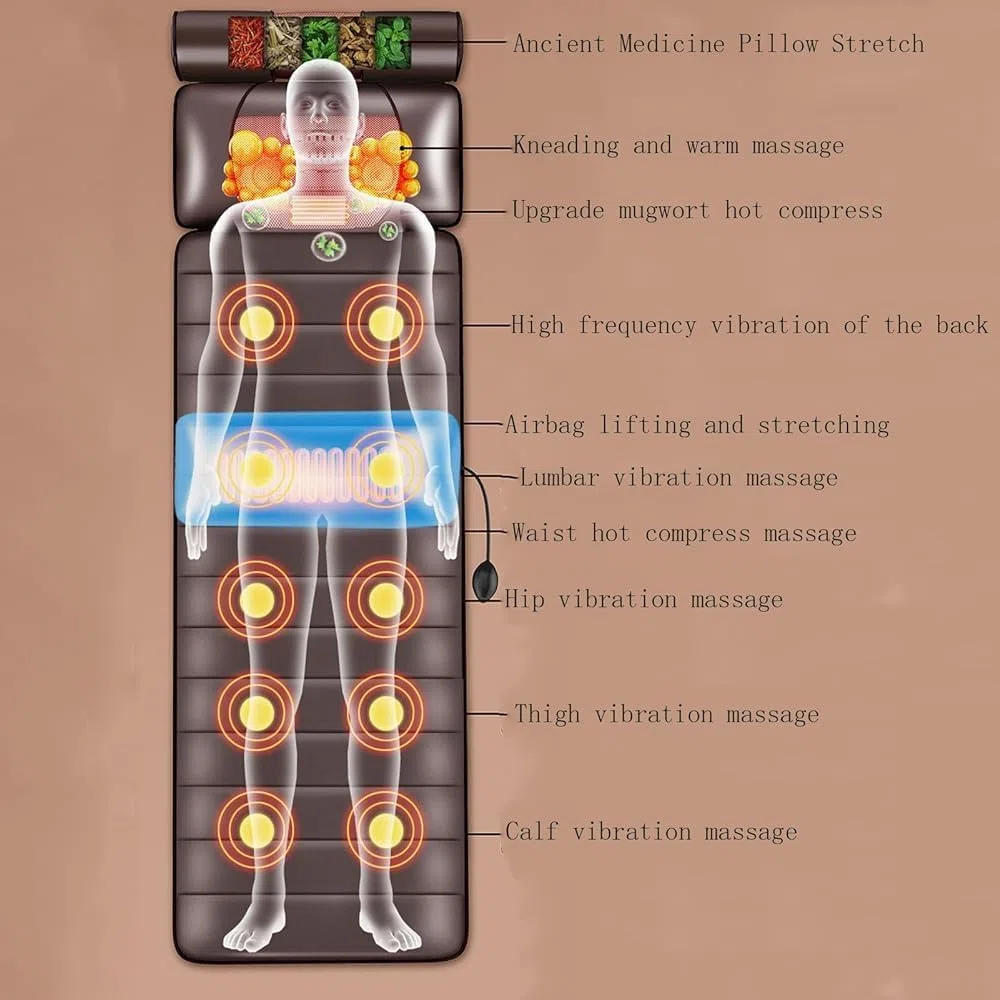 Tappetino per massaggio Shiatsu 3D con riscaldamento per tutto il corpo, 10 nodi vibranti per alleviare il dolore alla schiena, al collo, alle spalle, include cuscino cervicale regolabile e terapia