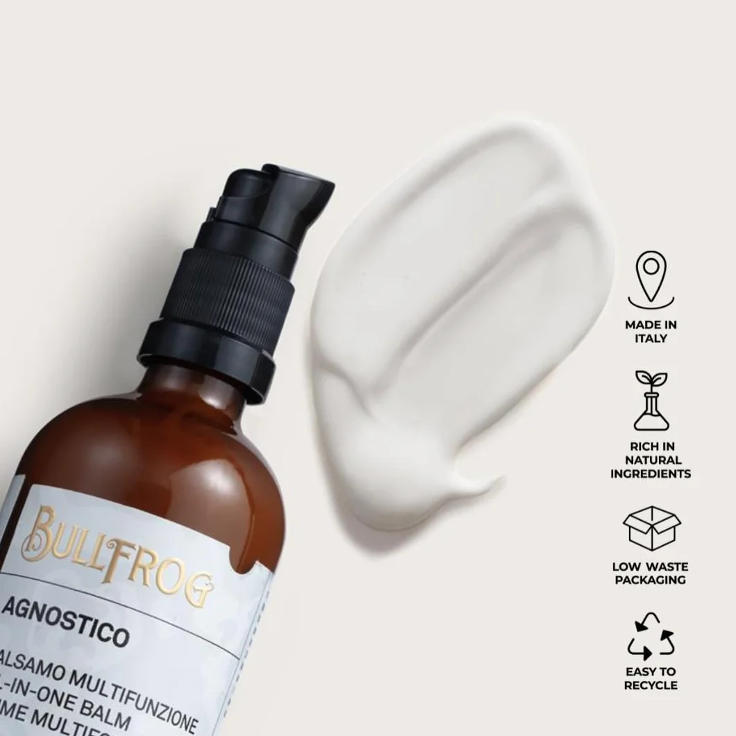 Bullfrog - Agnostico Balsamo Barba Multifunzione, Ideale per Nutrire e Idratare la Barba, Protegge dalle Irritazioni, Fragranza con Note di Anice, Cuoio, Tabacco e Bay Rum, Made in Italy, 100 ml