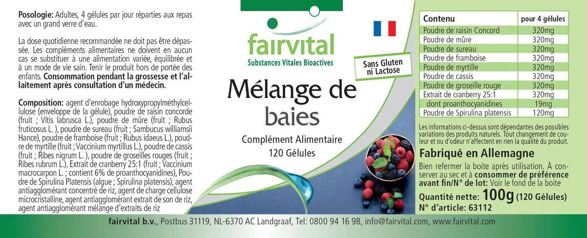 fairvital Mix di bacche, 120 capsule, capsule antiossidanti, ALTO DOSAGGIO, VEGANO, 8 bacche con spirulina