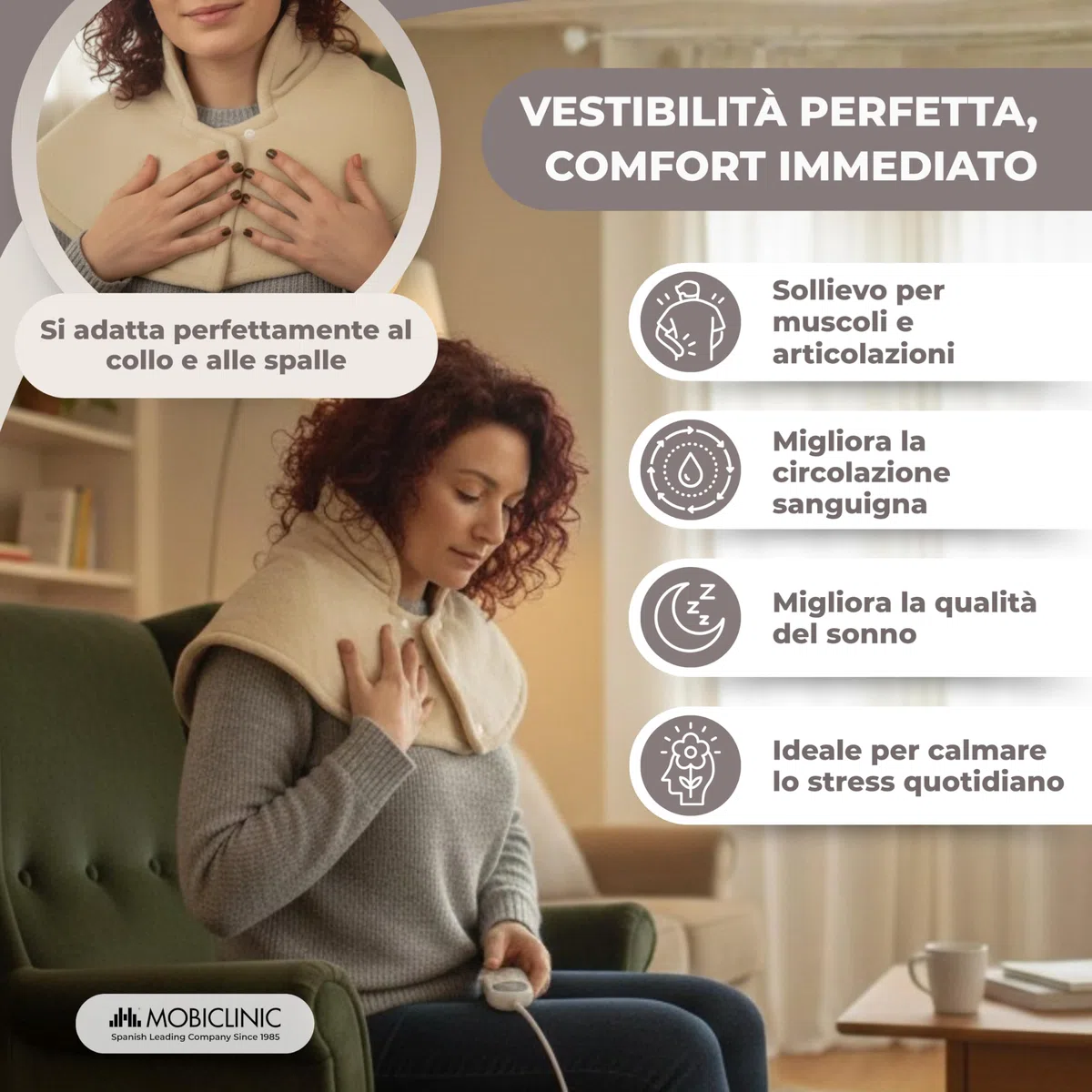 Mobiclinic, Termoforo cervicale e spalle, Cuscino termico, Marchio europeo, 3 livelli di temperatura, Spegnimento automatico, Lavabile, Antisurriscaldamento, Max.30º, 62x60, Beige