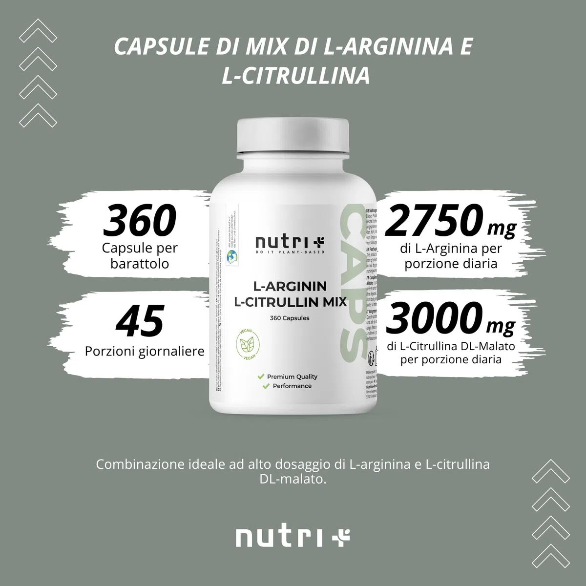 Nutri + Capsule Arginina Citrullina - 360 Capsule alto Dosaggio + vegane - 3000mg L-citrullina Malato + L-arginina Base - Bodybuilding - Qualità premium senza Magnesio Stearato o Additivi