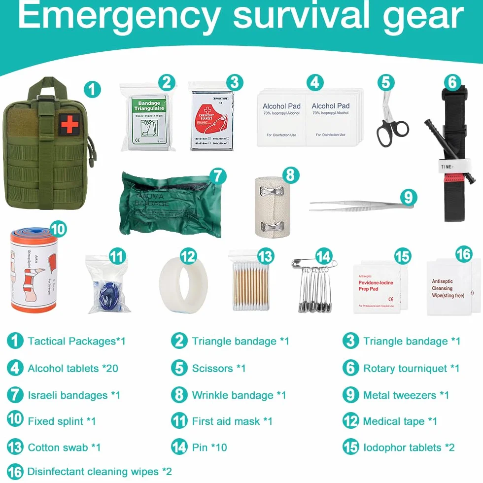 Set di pronto soccorso per esterni, 46 sacchetti tattici medici, kit di primo soccorso, kit militare, borsa medica, attrezzatura di sopravvivenza per campeggio, escursioni, casa