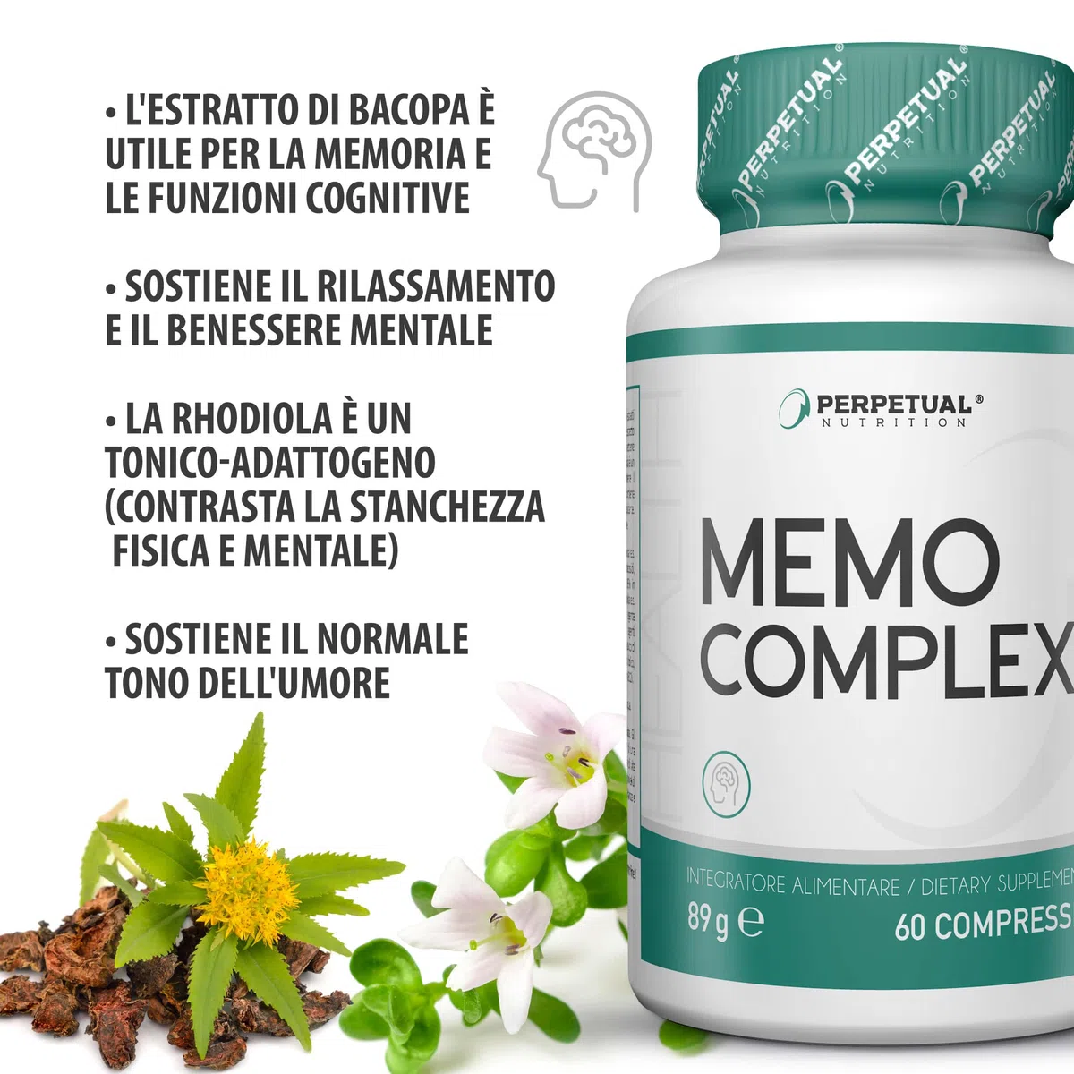 Integratore nootropico per la memoria. Con rodiola, citicolina e bacopa. Utile per memoria, buon umore, rilassamento e benessere mentale. Nootropico per memoria, concentrazione e funzioni cognitive.