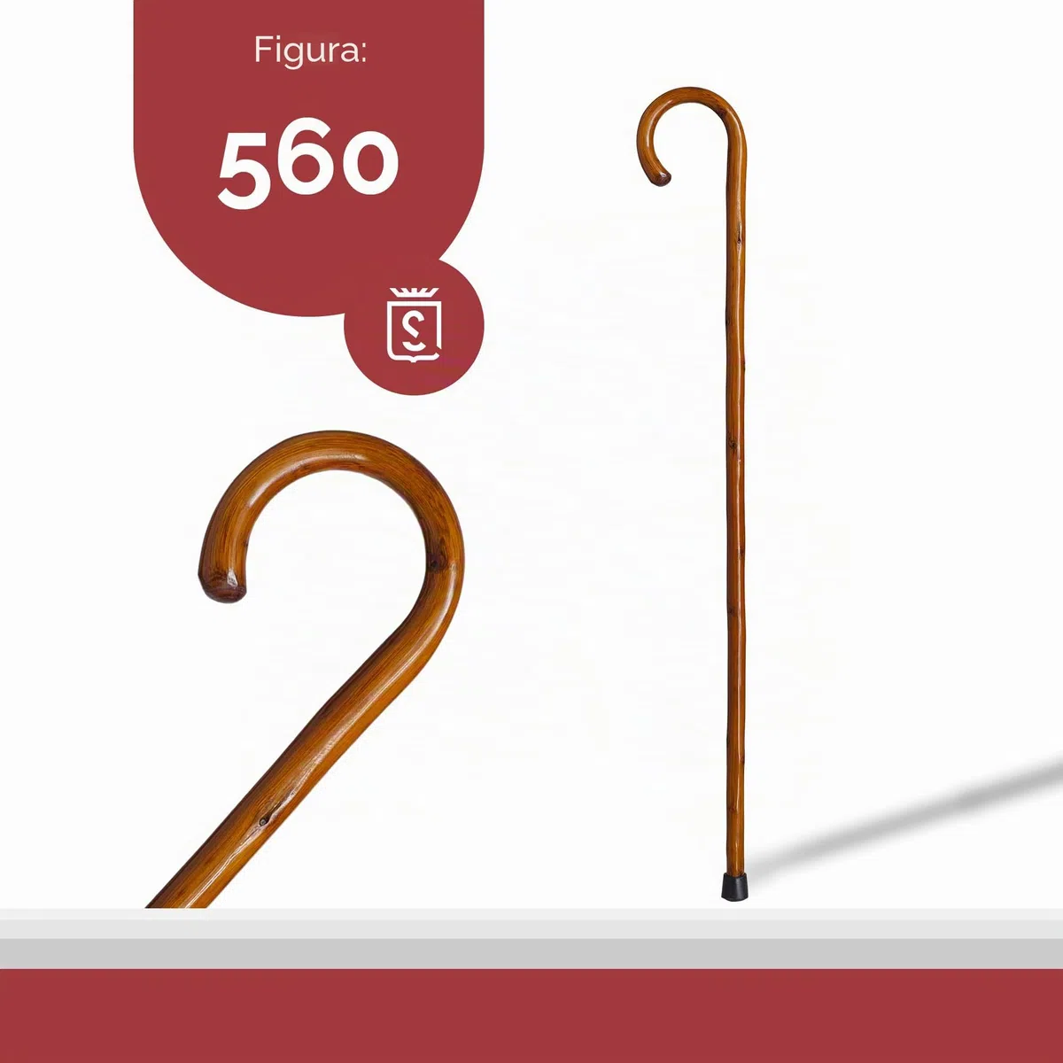 Bastone di supporto Camminare Legno Marrone 92 cm con Manico Curvo e Puntale in Gomma, Baton per Anziani (560)