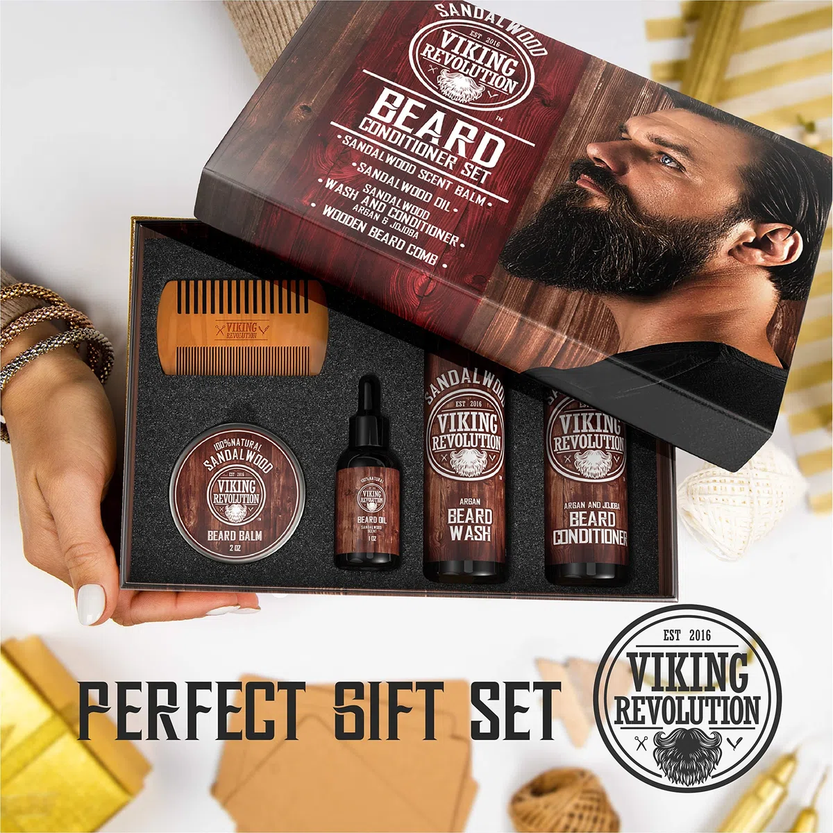 Viking Revolution - Kit Barba Uomo - Regalo Uomo - Ammorbidisce e Lenisce il Prurito, Include Detergente, Olio, Balsamo e Pettine Barba
