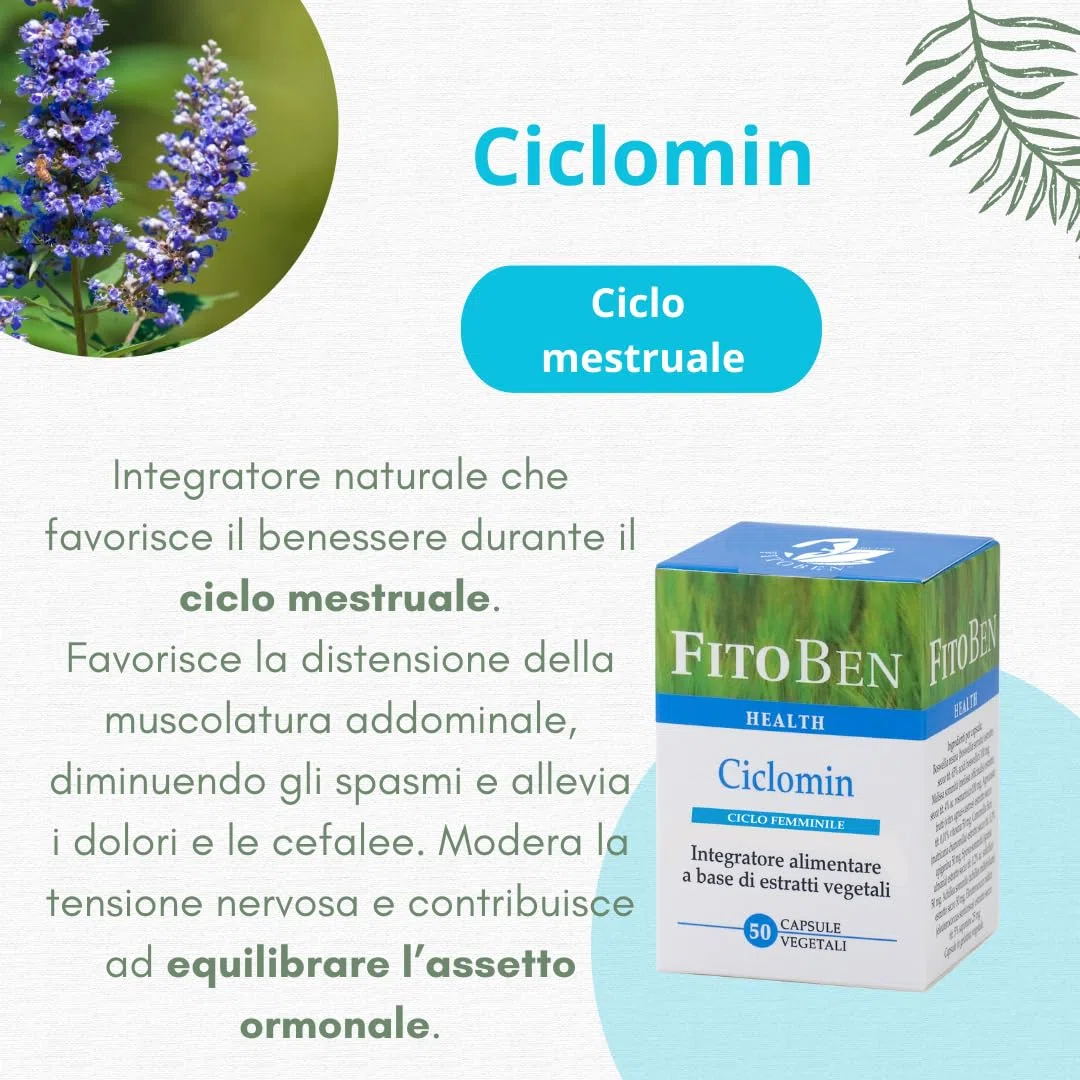 Fitoben | Ciclomin Integratore Naturale per Favorire il Benessere durante il Ciclo Mestruale con Agnocasto, Melissa, Boswellia e Camomilla, 50 Capsule Vegetali
