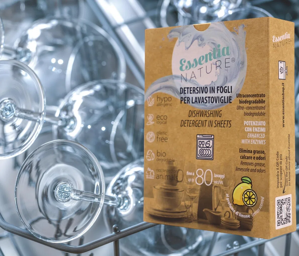 ESSENTIA Detersivo Ecologico in Fogli per Lavastoviglie | 3 Confezioni da 80 Lavaggi | Ultraconcentrato e Biodegradabile con Enzimi Naturali | Profumo Limone | Elimina Calcare e Odori | Plastic Free