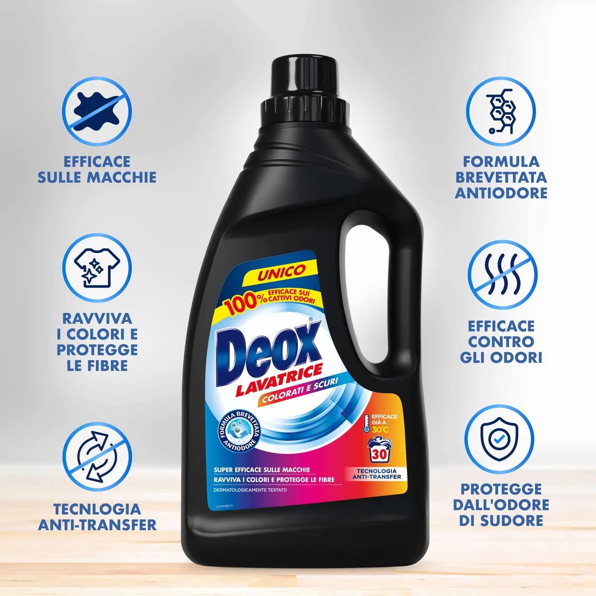 Deox - Detersivo Lavatrice Liquido Colorati e Scuri, 144 Lavaggi, Smacchia e Ravviva i Colori, con Tecnologia Anti-Transfer, 1200ml x 6 Confezioni