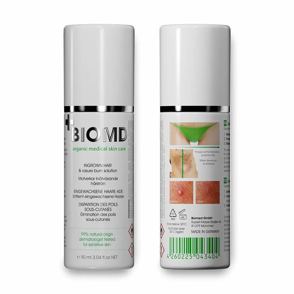 2x BioMD contro i peli incarniti, con BHA e AHA, bruciature da rasoio, rasatura, ceretta, previene i peli incarniti, bruciature da rasoio, rasatura, ceretta, vegano - 90 ml