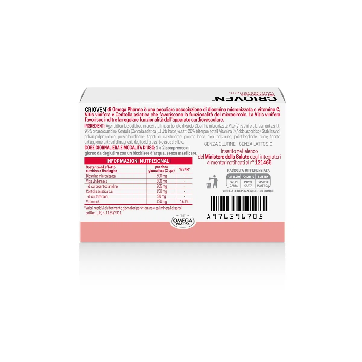 Omega Pharma - Crioven, Integratore Alimentare con Diosmina e Vitamina C, Utile per Migliorare la Funzionalità del Microcircolo - 30 Compresse